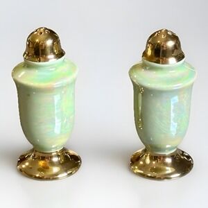 Vintage Iridescent Lusterware Salt and Pepper Shakers Gold Base& Caps
